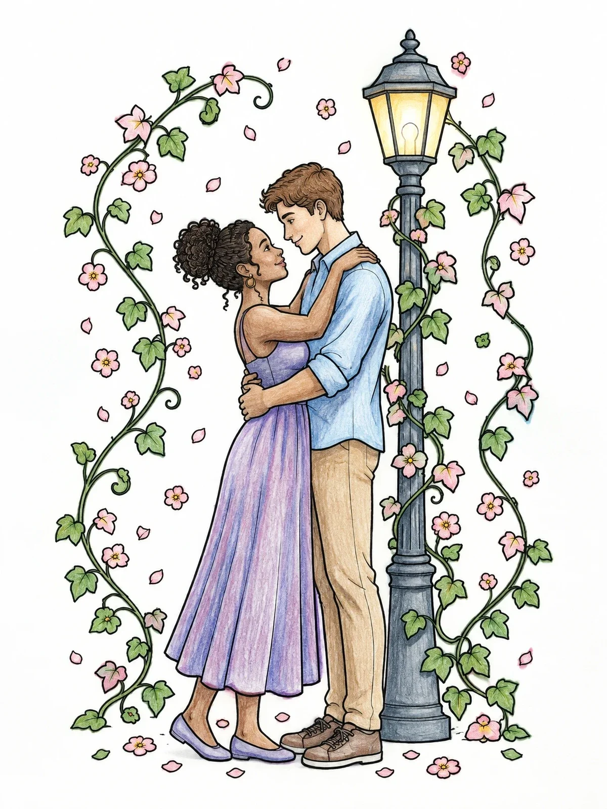 Colored example of the Romantic Couple Beside Lamppost coloring page