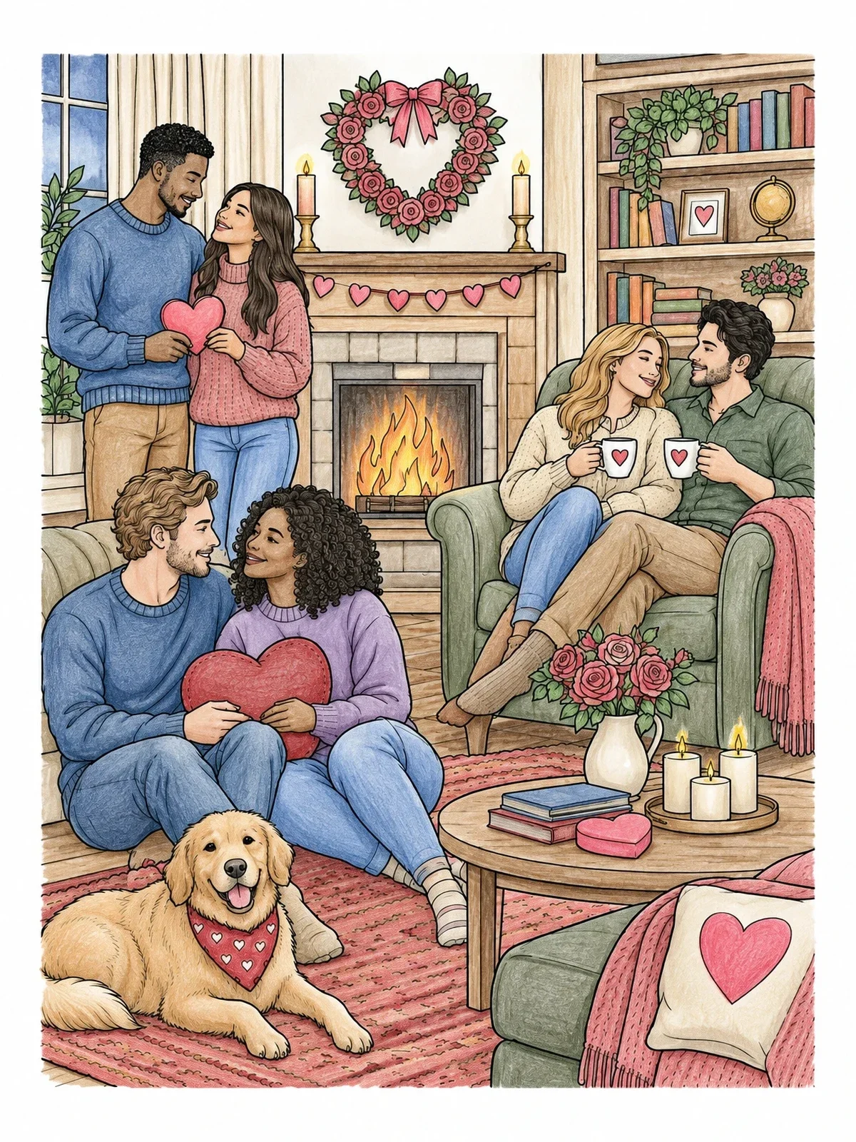 Colored example of the Cozy Valentine Fireside Gathering coloring page