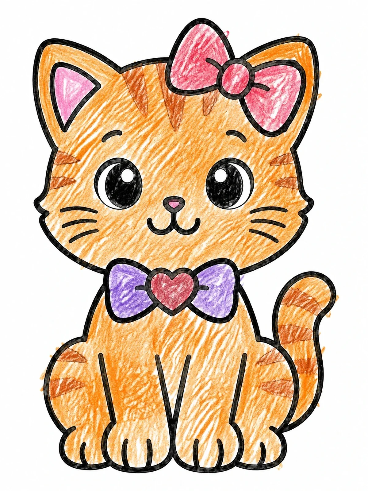 Colored example of the Cute Kitten With Heart Bow coloring page
