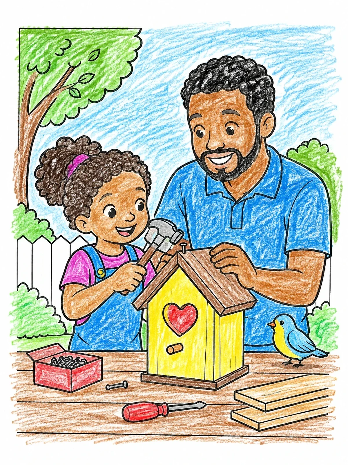 Colored example of the Father And Daughter Building A Birdhouse coloring page