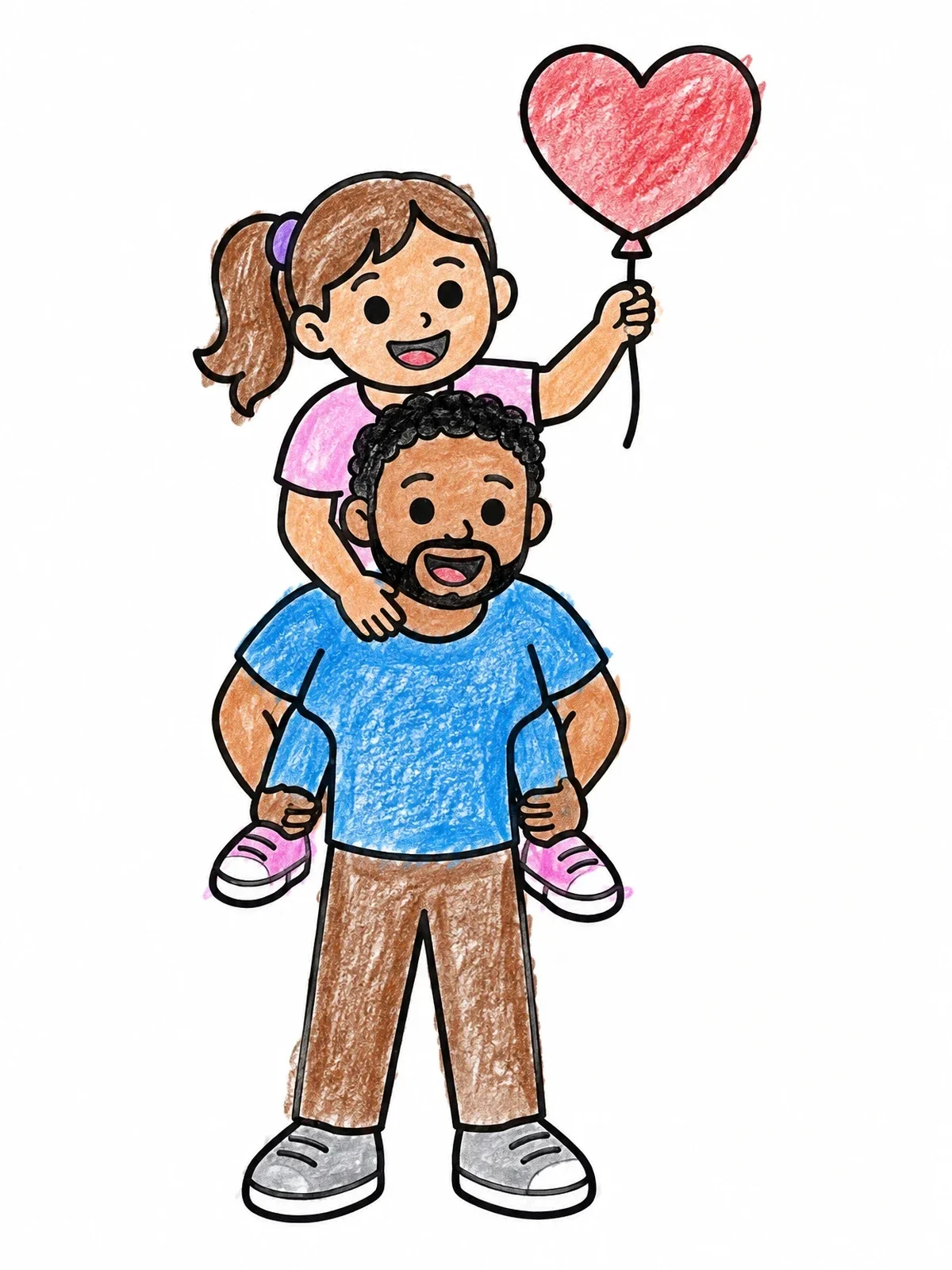 Colored example of the Father And Daughter With Heart Balloon coloring page