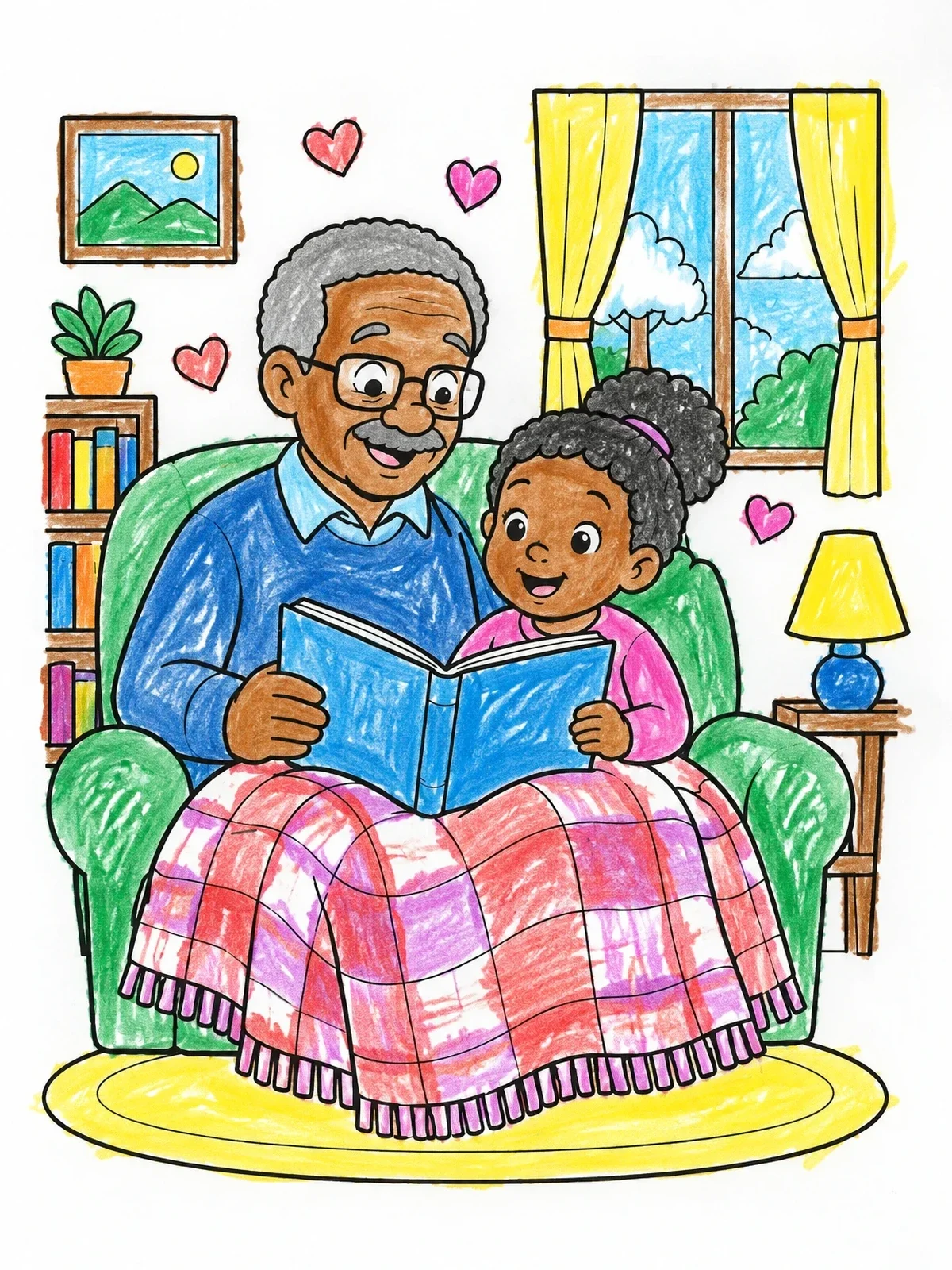 Colored example of the Grandfather Reading Story To Granddaughter coloring page