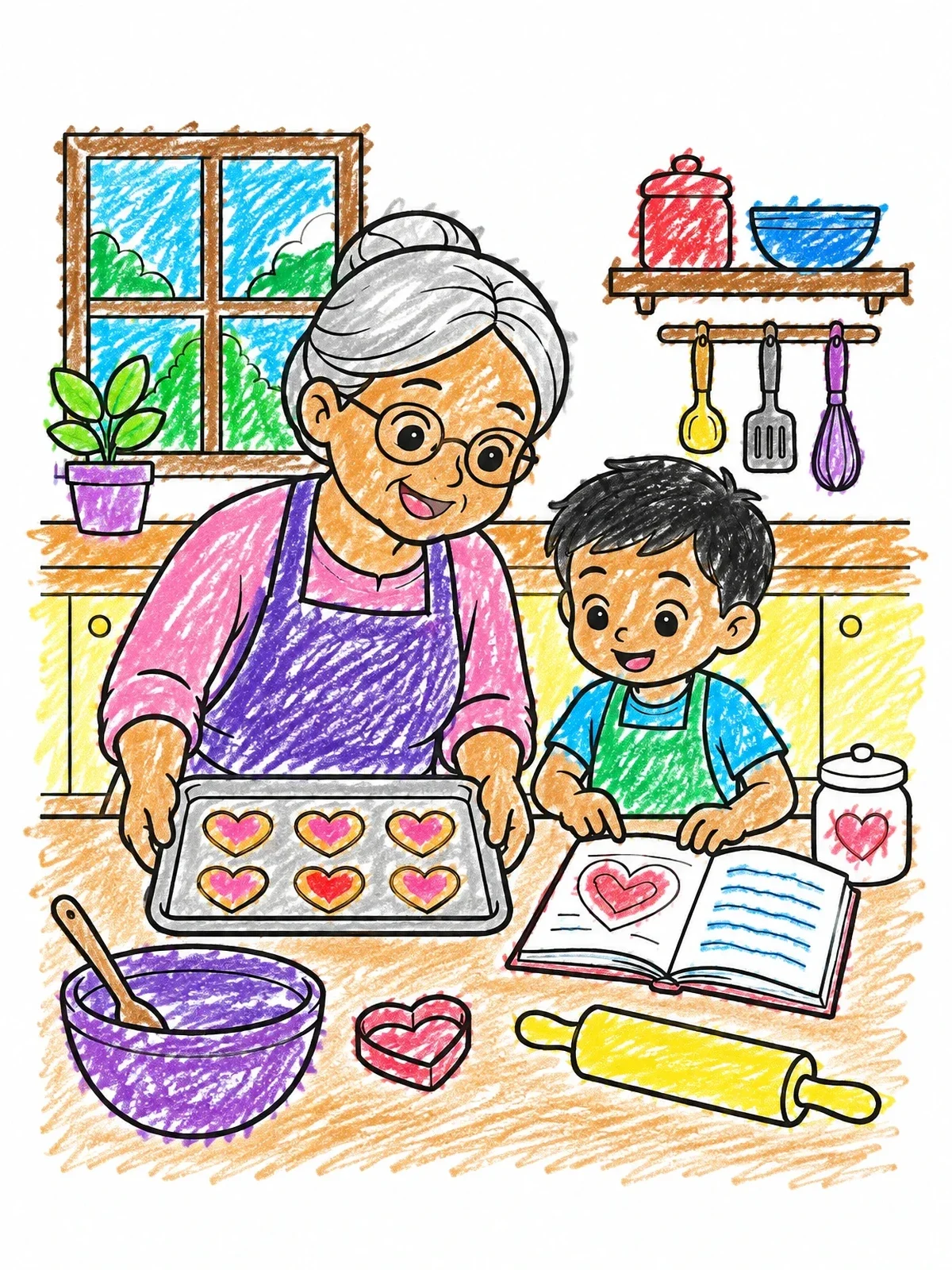 Colored example of the Grandmother And Grandson Baking Cookies coloring page