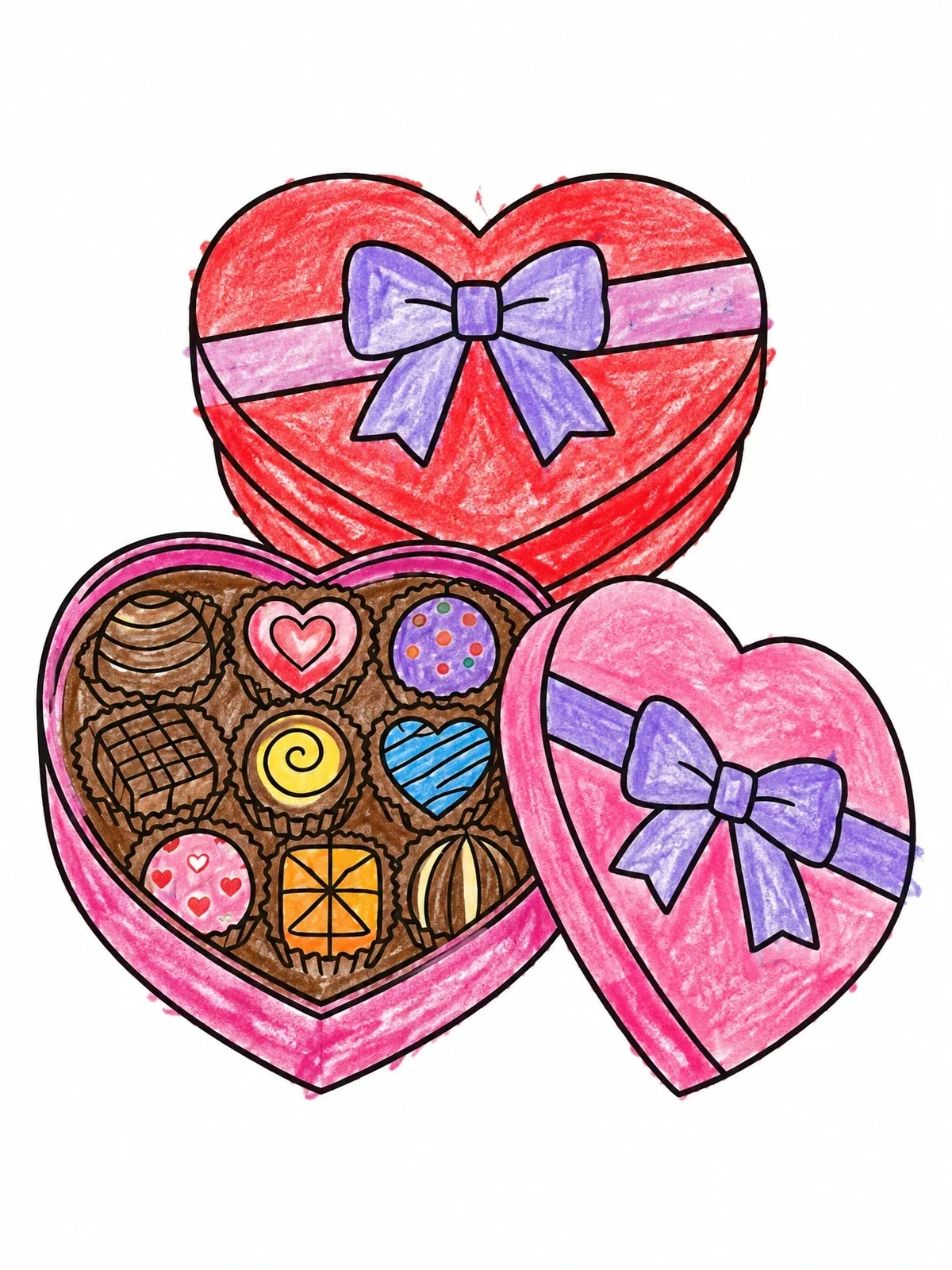 Colored example of the Heart Chocolate Box Assortment coloring page