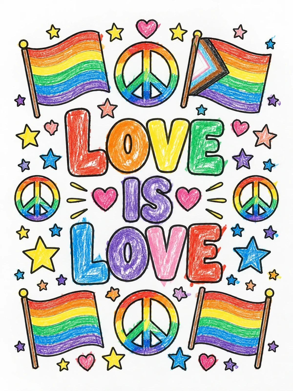 Colored example of the Love Is Love Pride Doodles coloring page