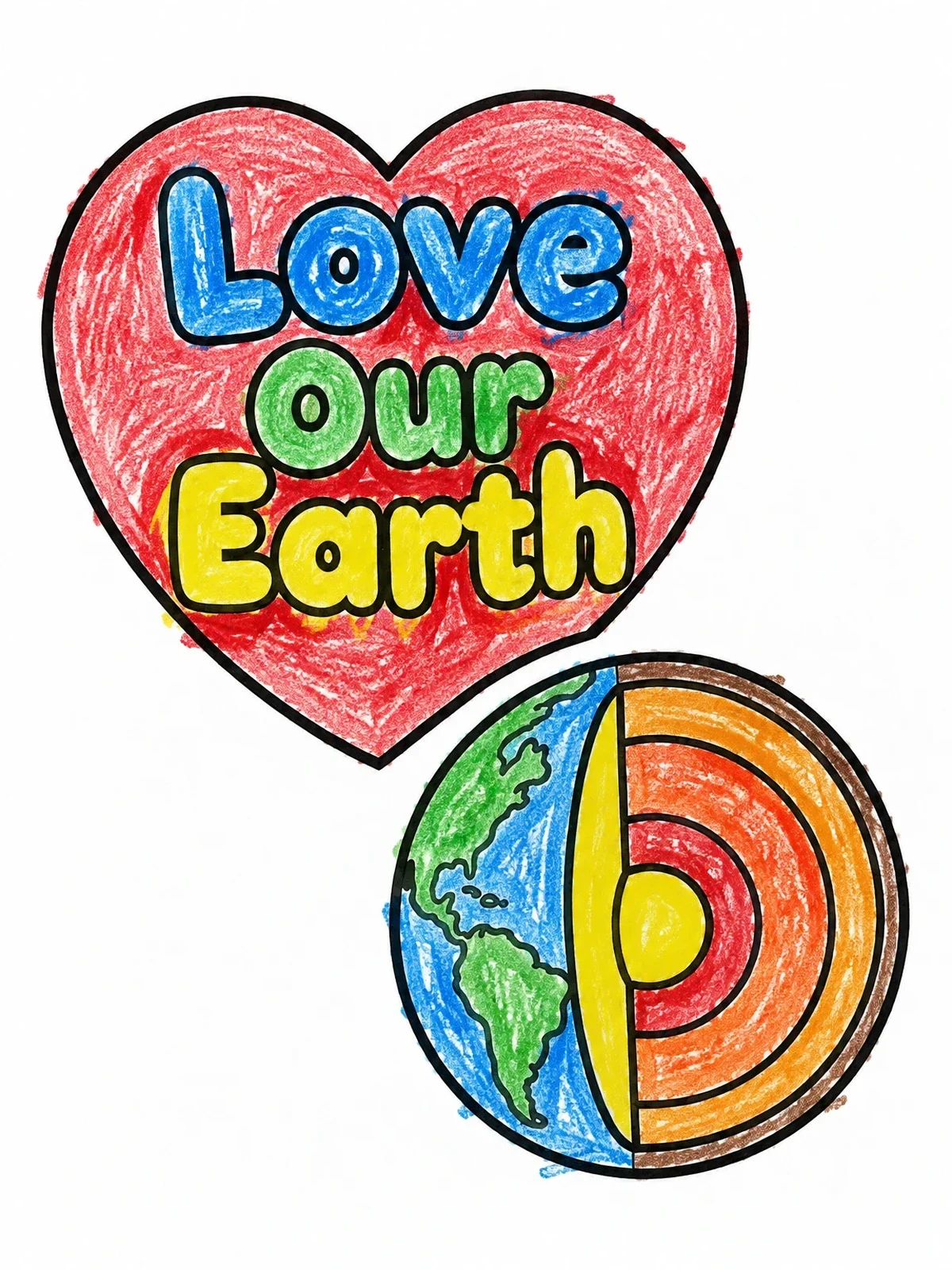 Colored example of the Love Our Earth Science Layers coloring page