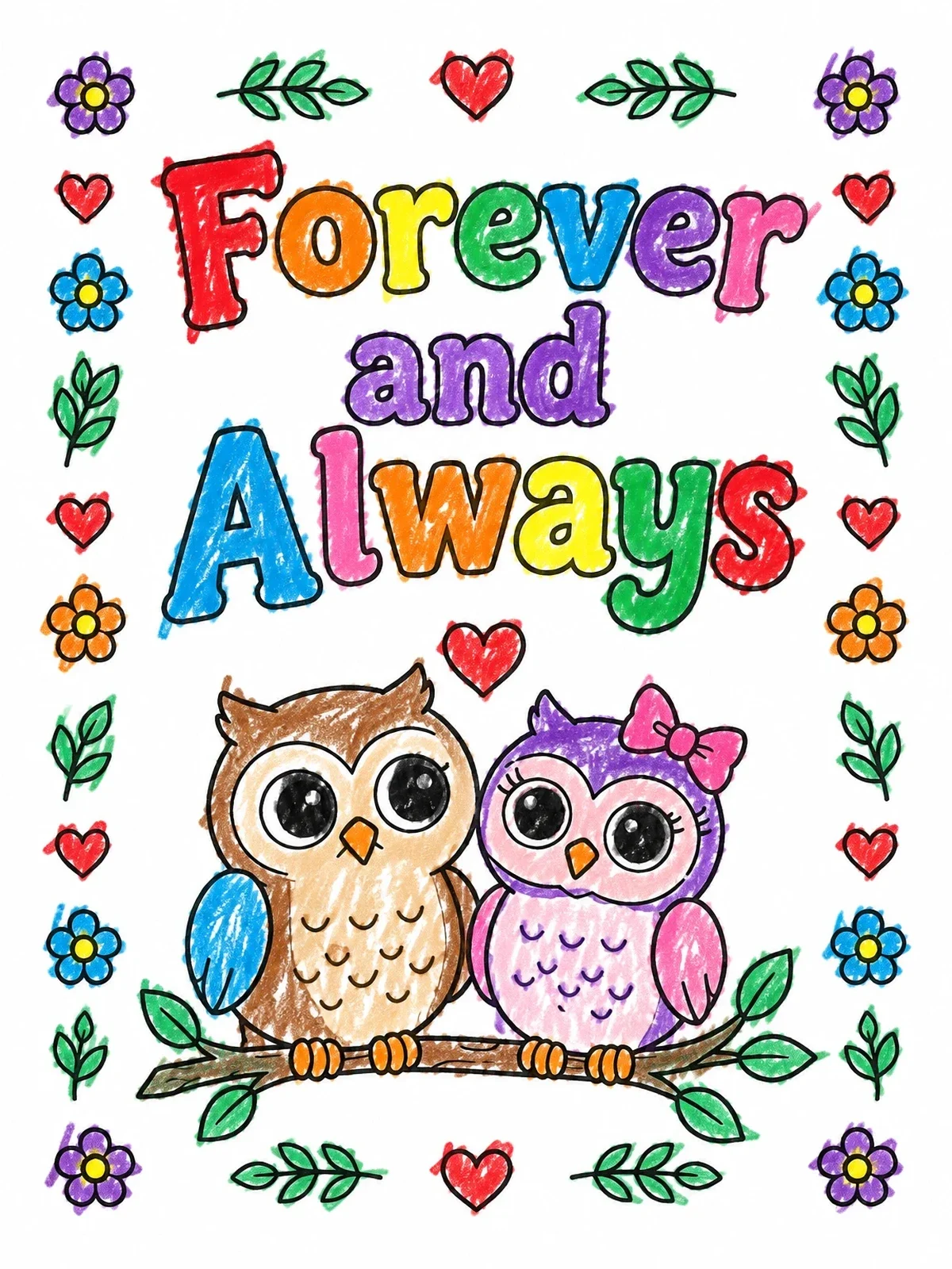 Colored example of the Owl Couple Forever And Always coloring page