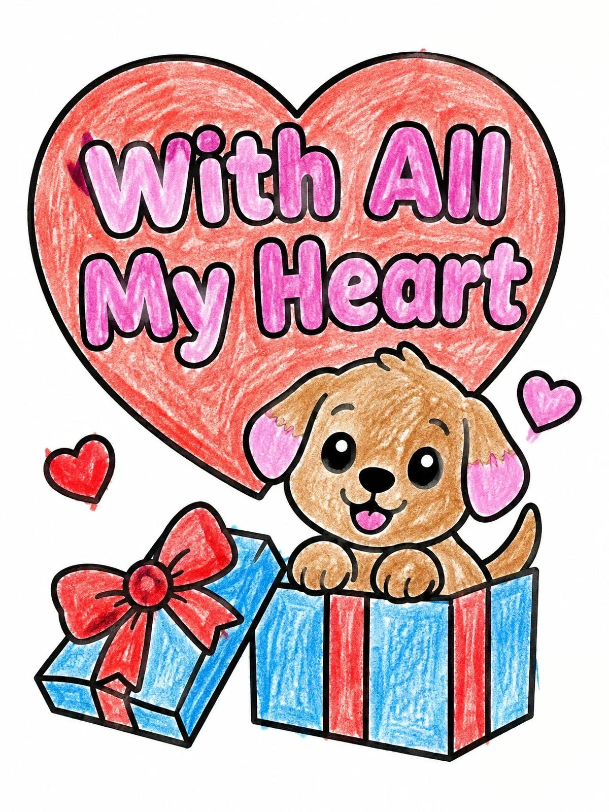 Colored example of the Cute Puppy In Valentine Gift Box coloring page