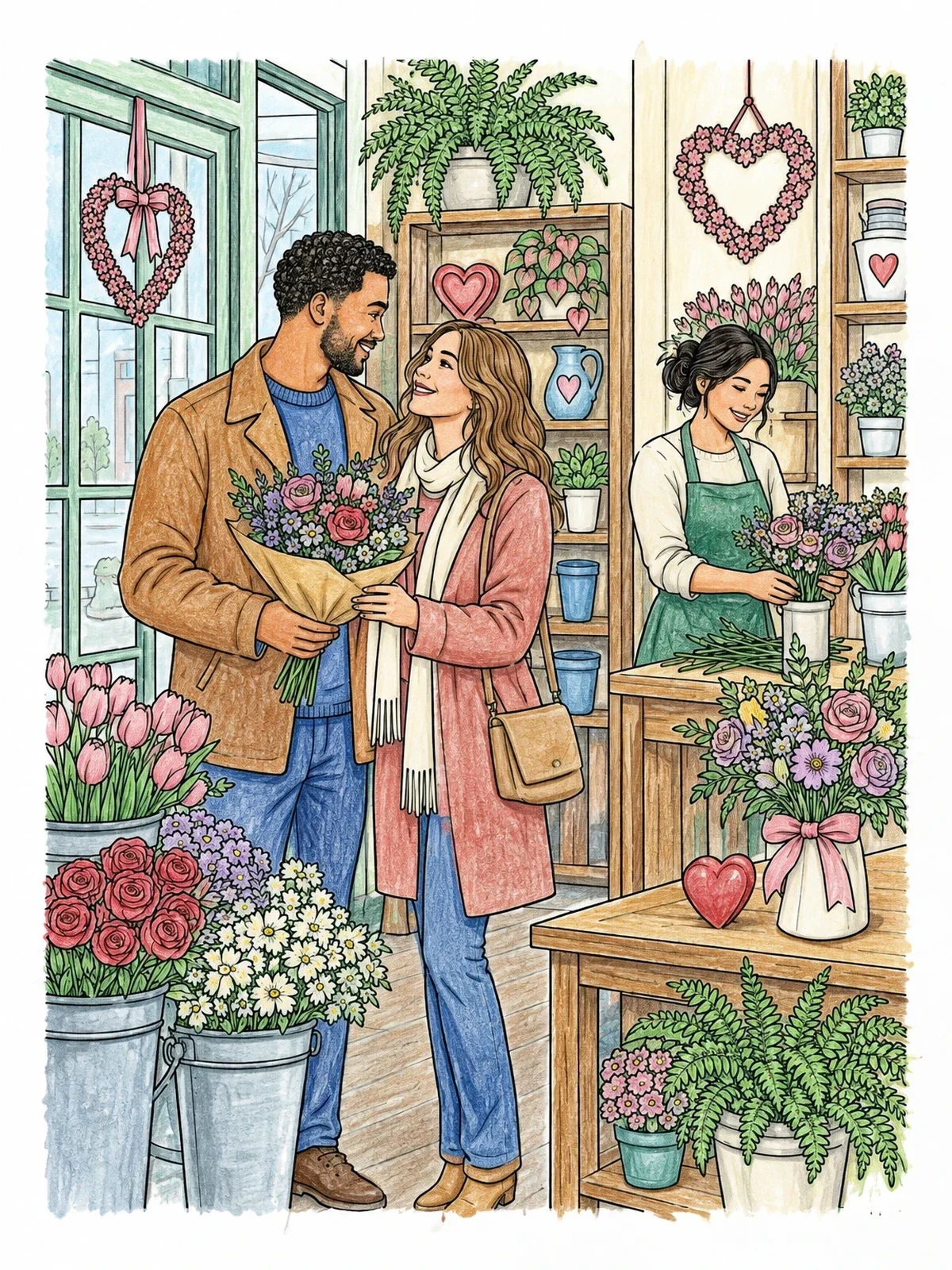 Colored example of the Romantic Couple In Flower Shop coloring page
