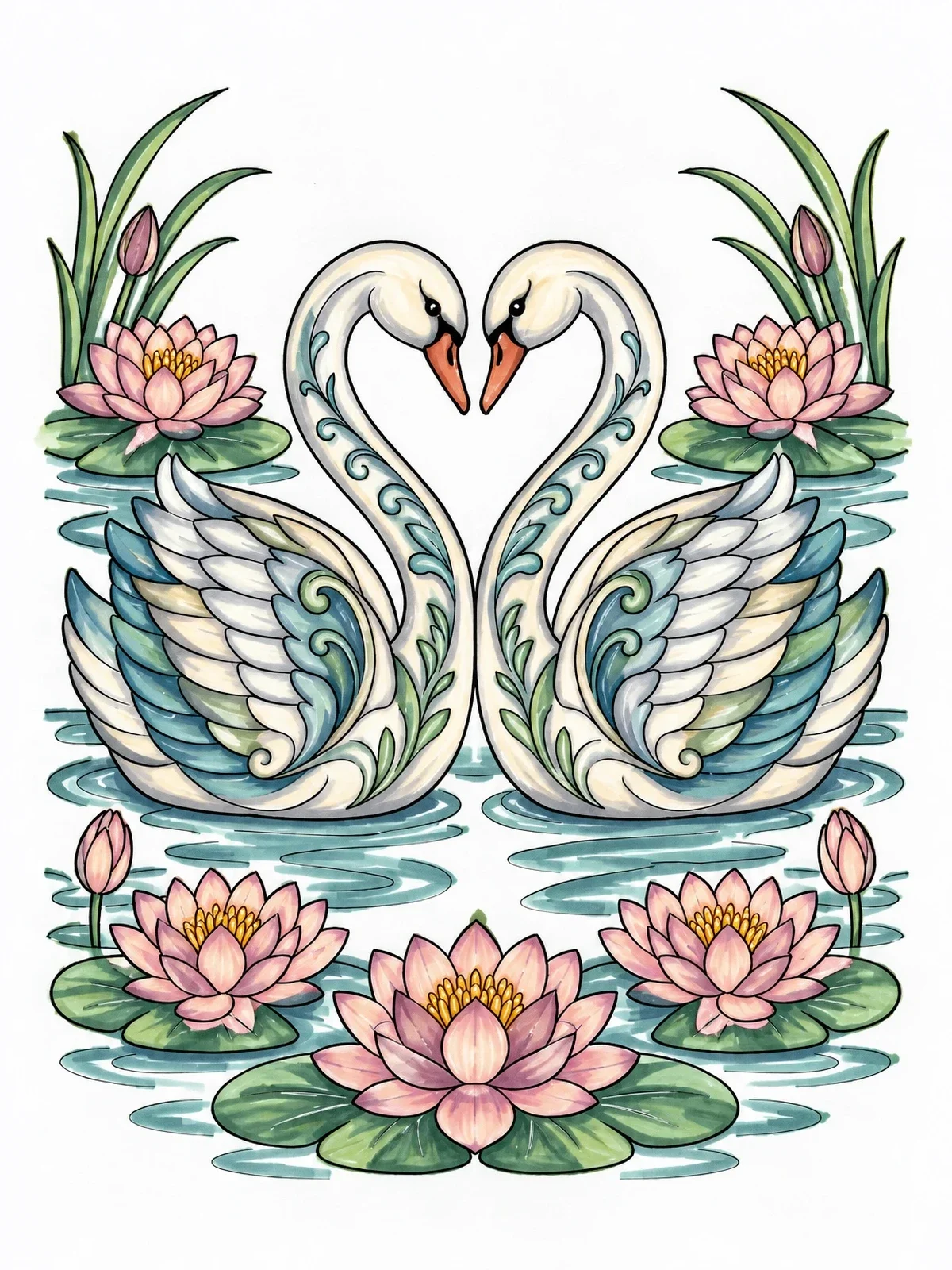 Colored example of the Swans In Love With Water Lilies coloring page