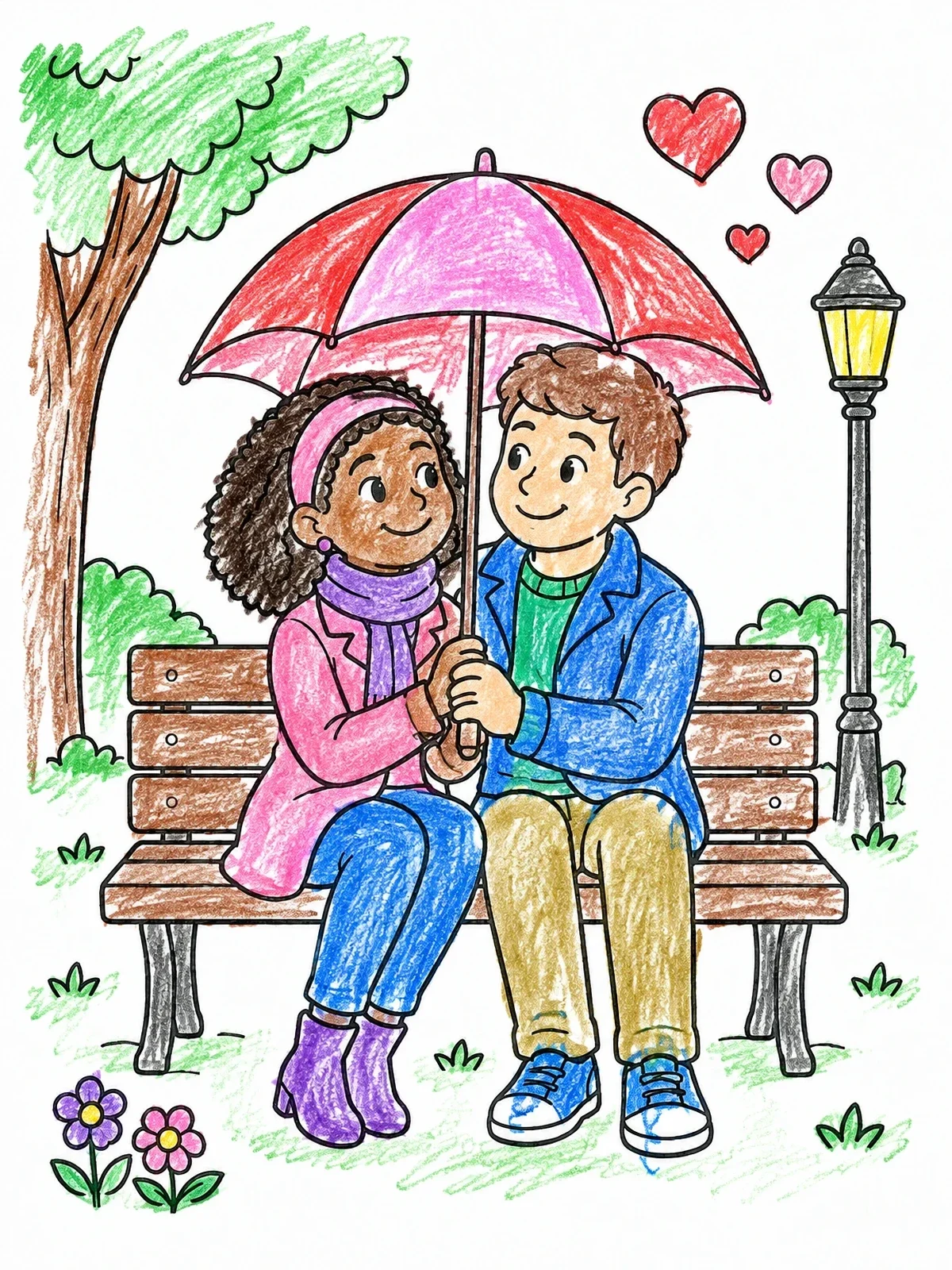 Colored example of the Sweet Couple Sharing An Umbrella coloring page