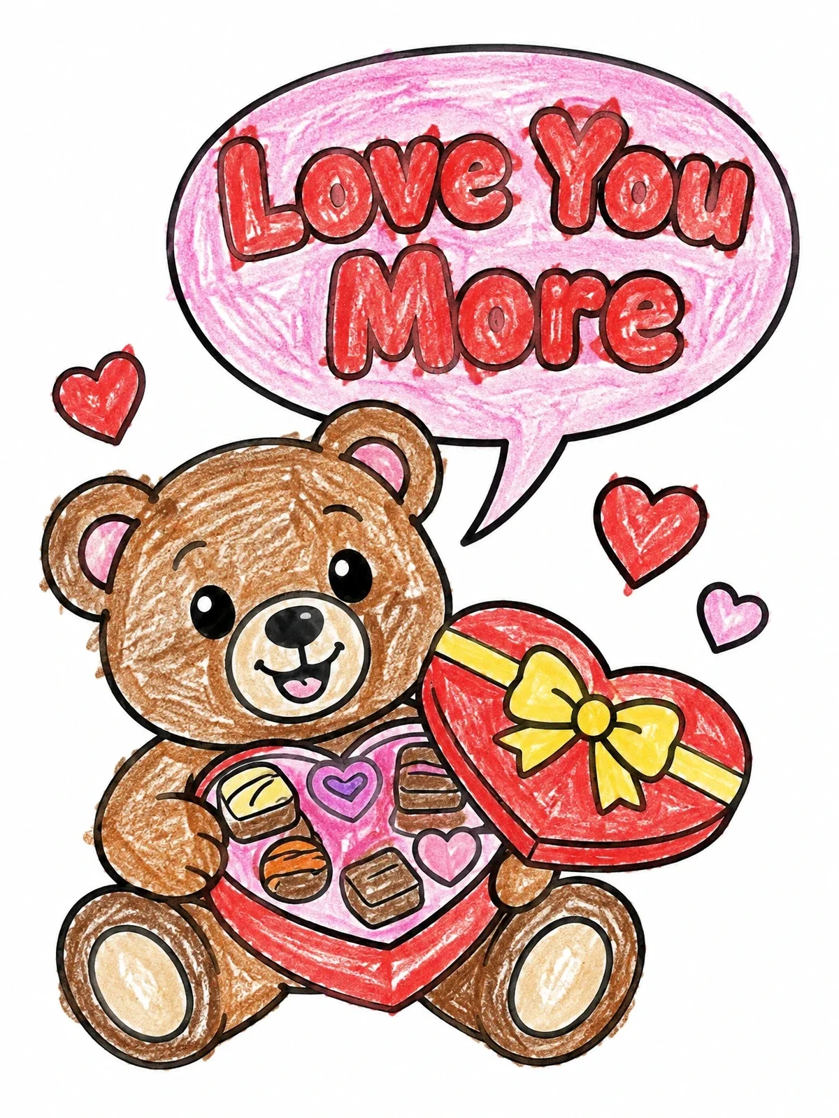Colored example of the Teddy Bear With Valentine Chocolates coloring page