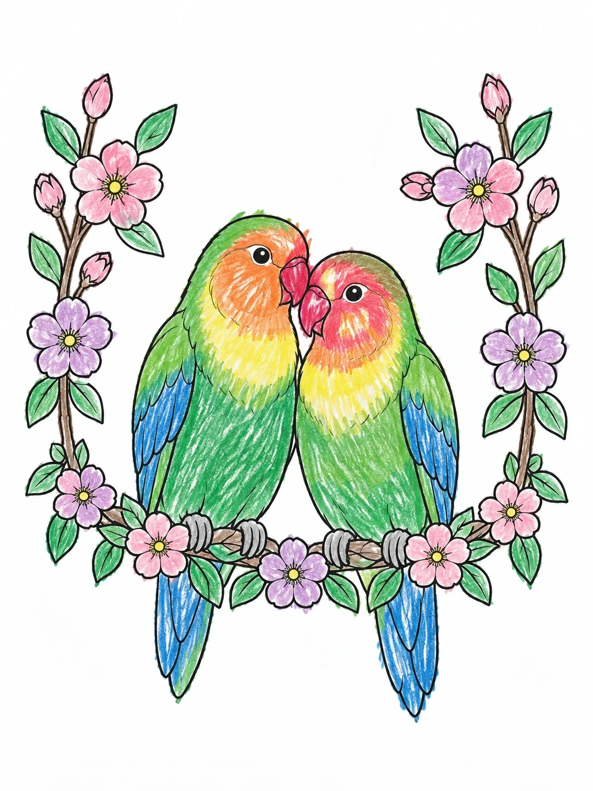 Colored example of the Lovebird Couple On Floral Branch coloring page