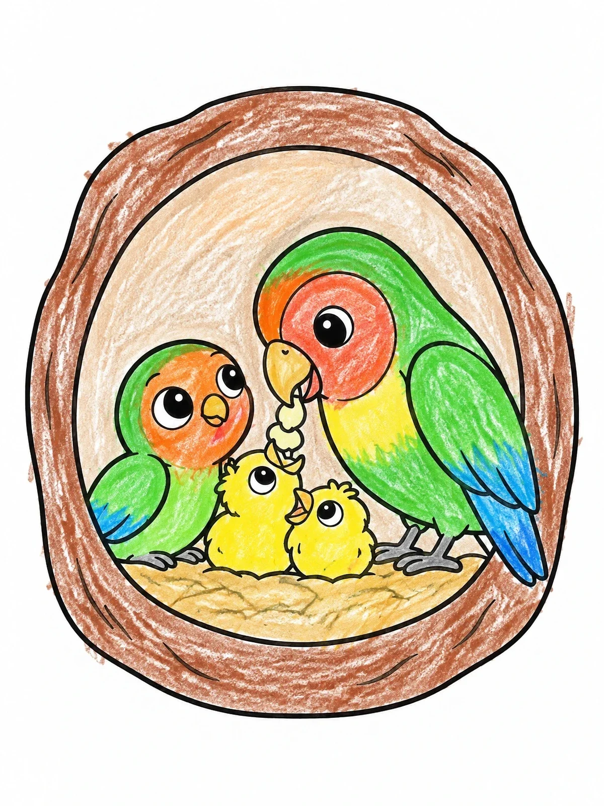 Colored example of the Lovebird Family Inside Tree Nest coloring page