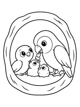 Free printable Lovebird Family Inside Tree Nest coloring page