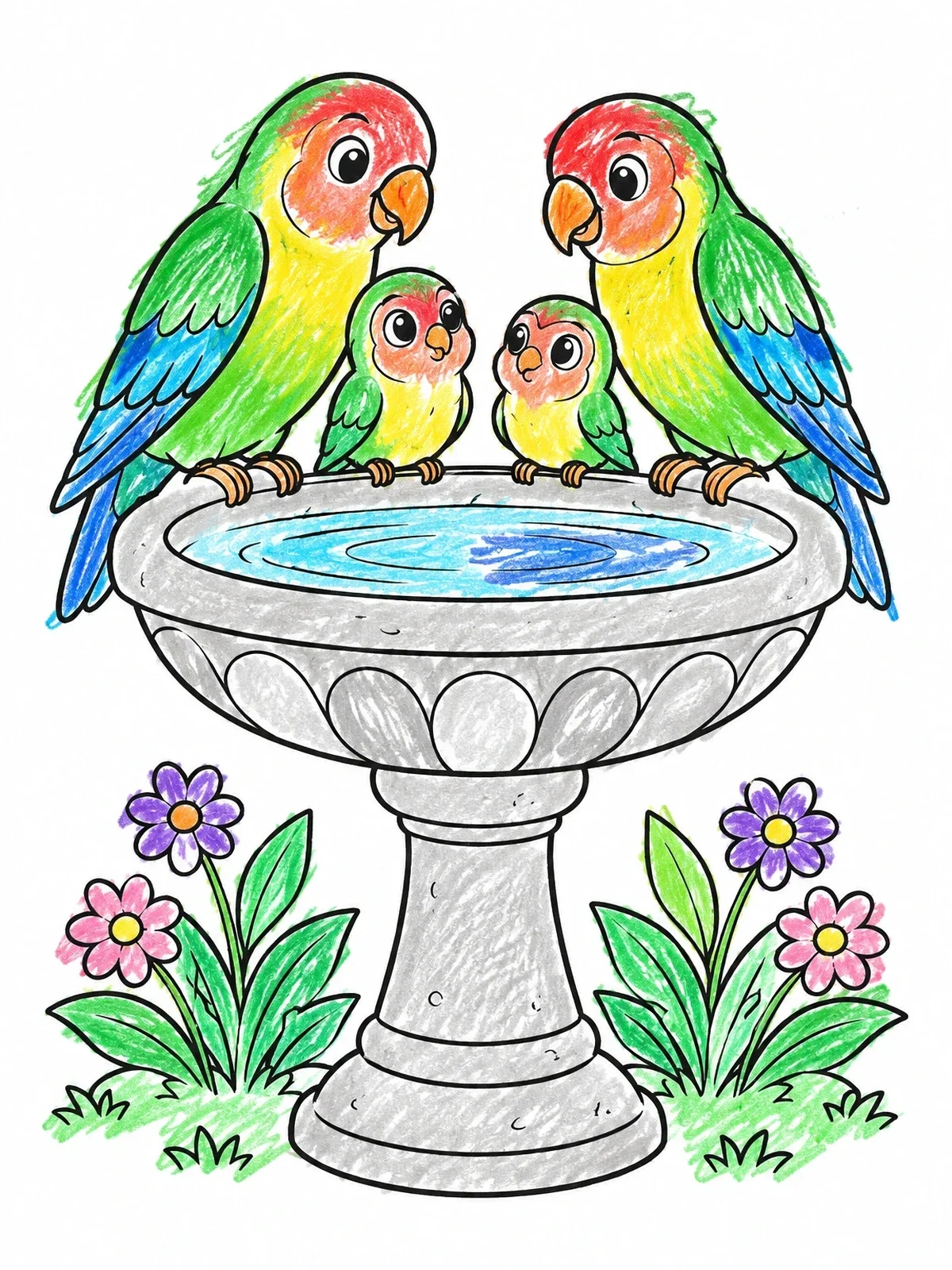 Colored example of the Lovebird Family At The Birdbath coloring page