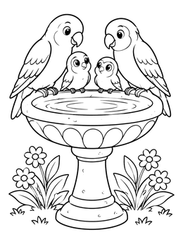 Free printable Lovebird Family At The Birdbath coloring page