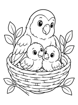 Free printable Lovebird Family In Woven Nest coloring page
