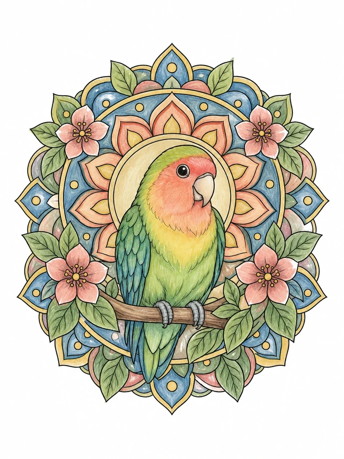 Colored example of the Lovebird In Floral Mandala coloring page