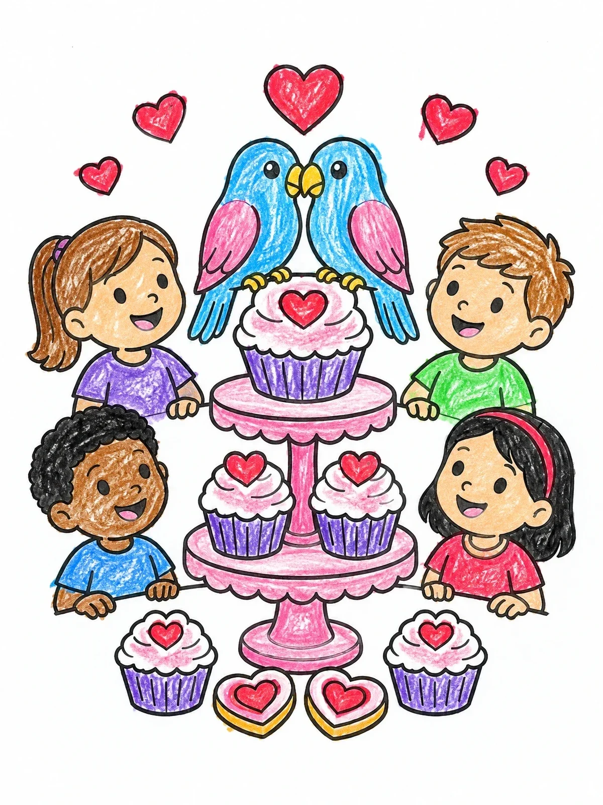 Colored example of the Lovebirds And Kids With Valentine Cupcakes coloring page