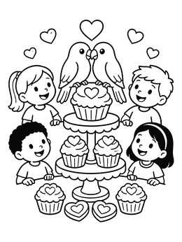 Children admiring lovebirds on a valentine cupcake coloring page.
