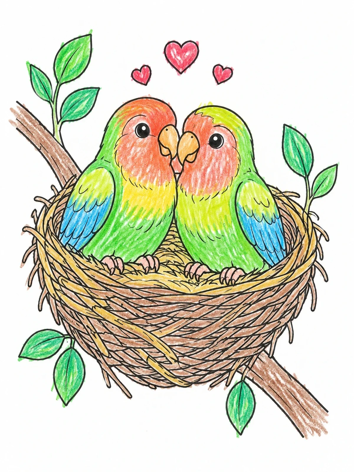 Colored example of the Lovebirds Cuddling In A Cozy Nest coloring page