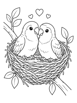 Free printable Lovebirds Cuddling In A Cozy Nest coloring page