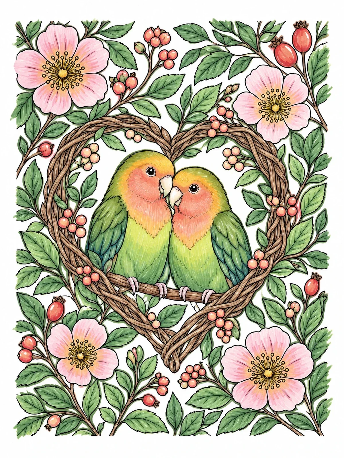 Colored example of the Lovebirds In Heart Wreath coloring page