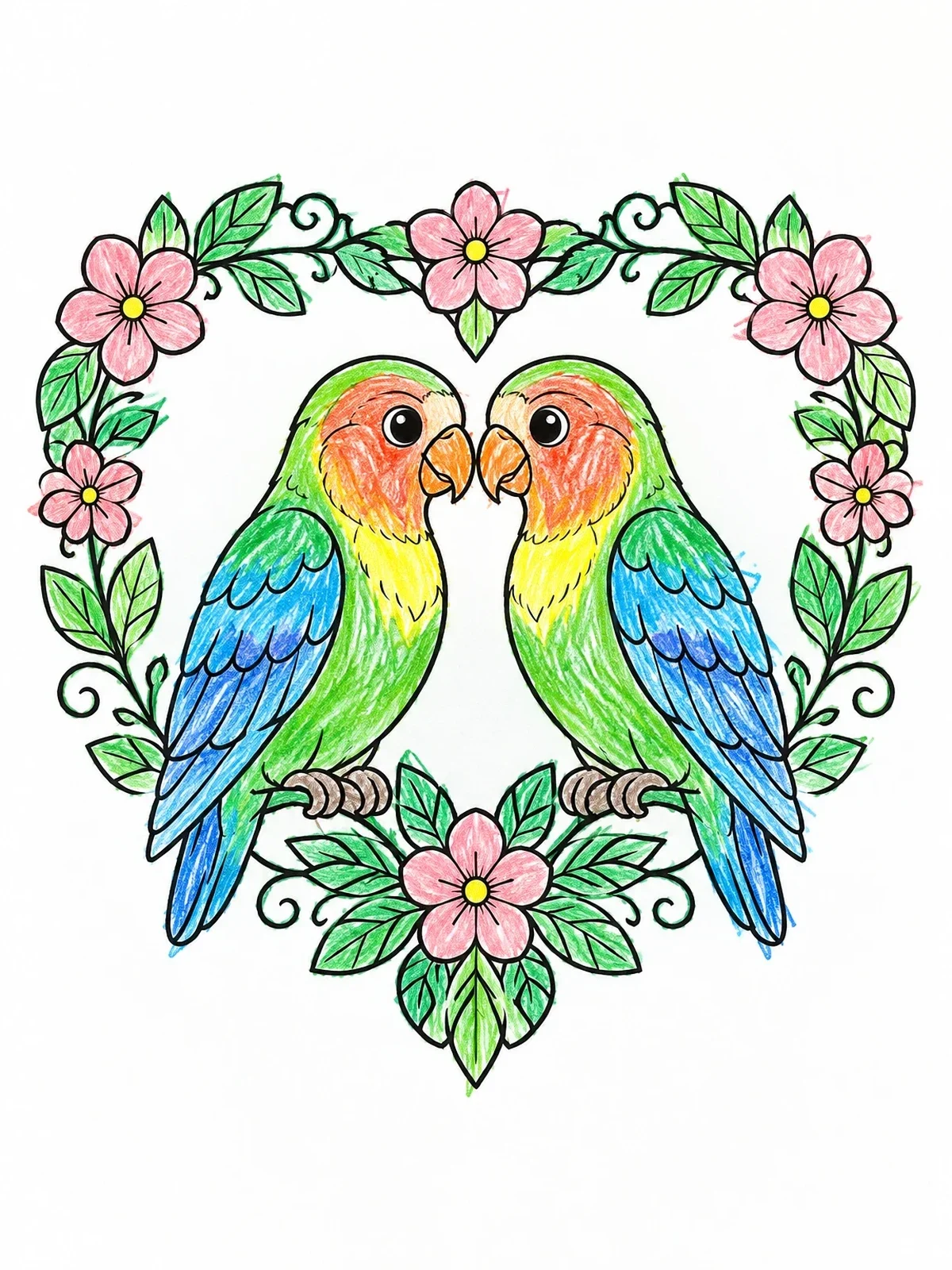 Colored example of the Lovebirds In Floral Heart Frame coloring page