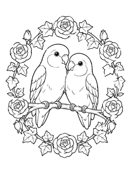 Free printable Lovebirds Perched In Rose Wreath coloring page