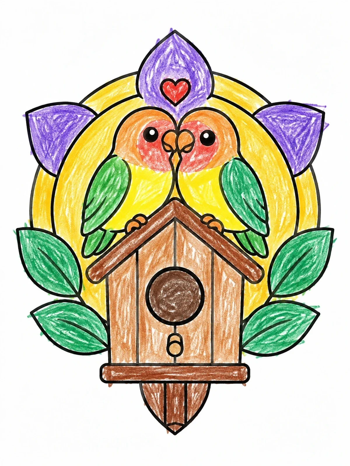 Colored example of the Lovebirds Perched On A Birdhouse coloring page