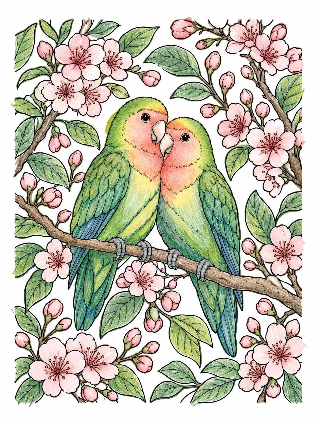 Colored example of the Lovebirds On Blooming Cherry Branch coloring page