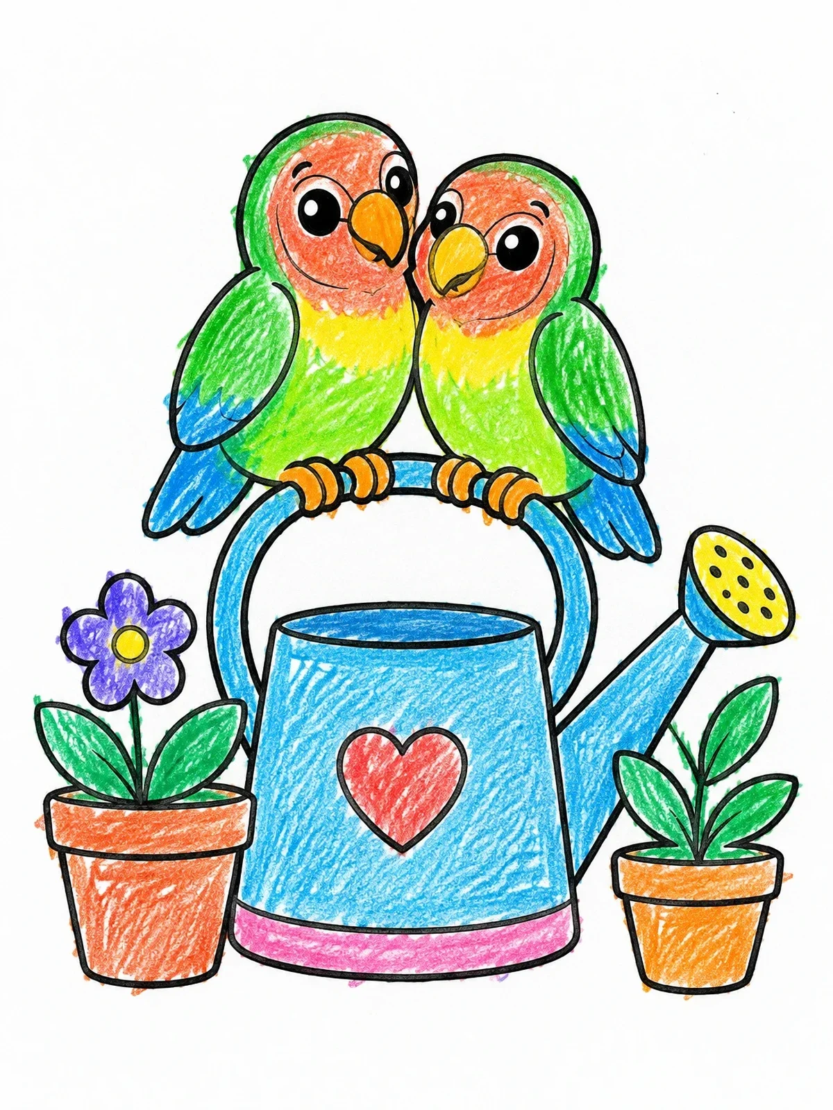 Colored example of the Lovebirds Perched On A Watering Can coloring page