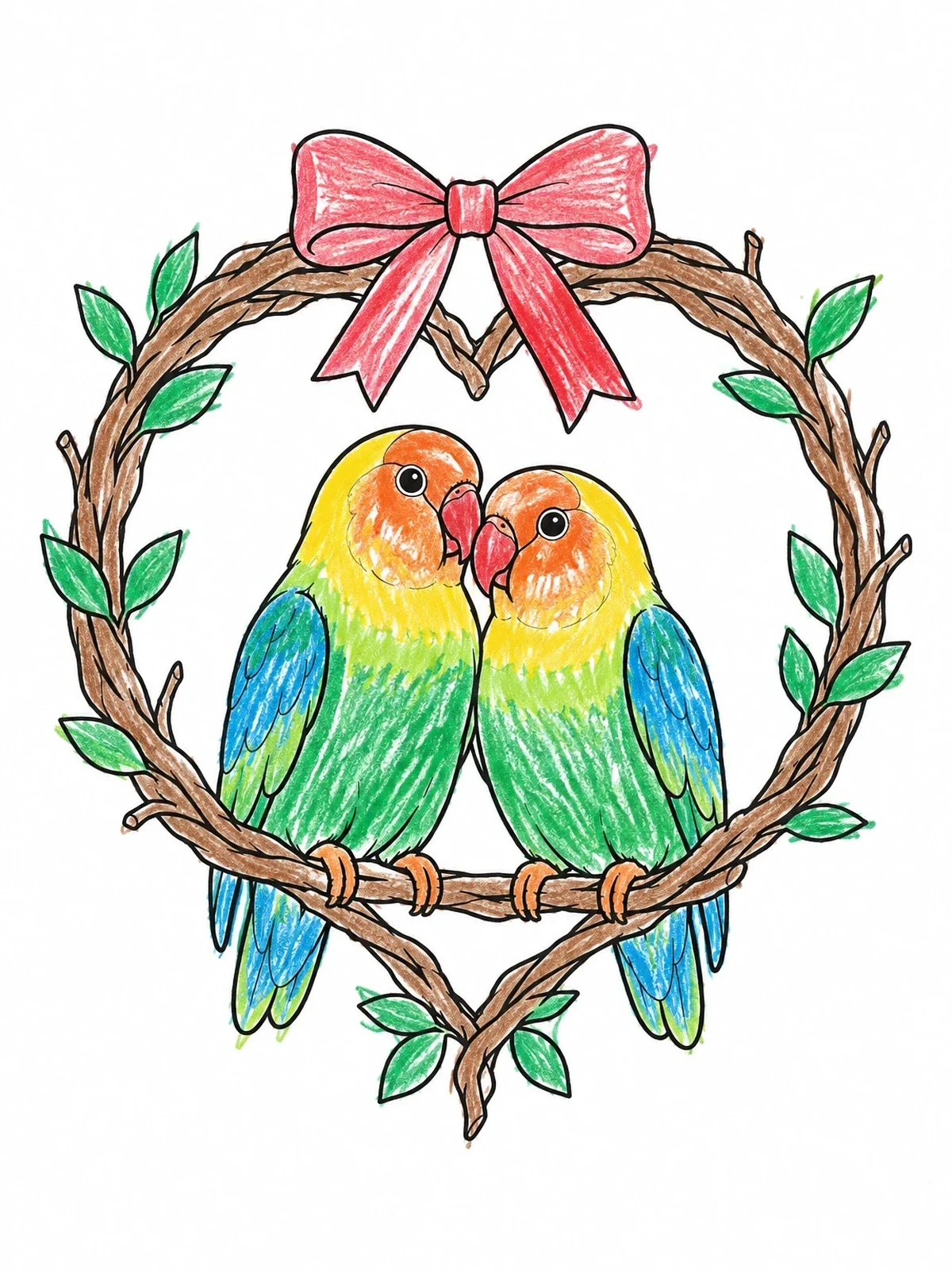 Colored example of the Lovebirds On Heart Wreath coloring page