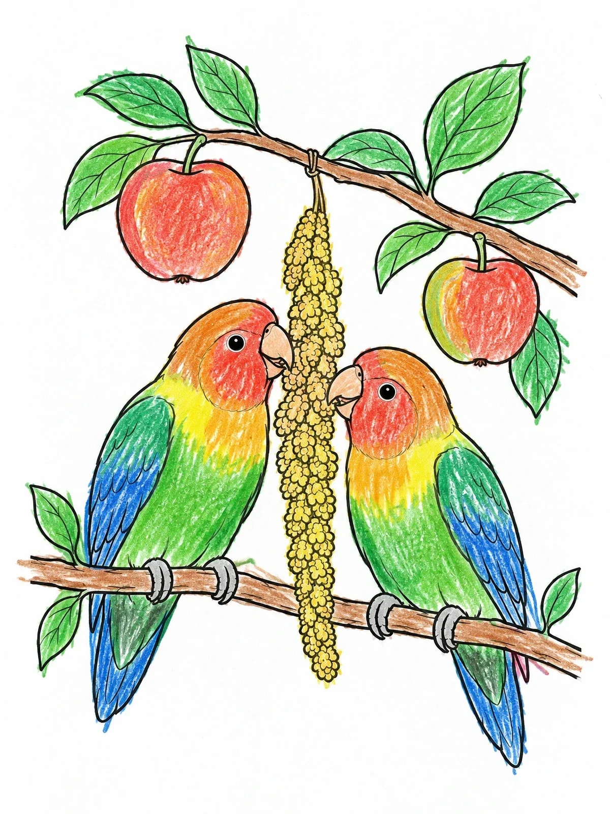 Colored example of the Lovebirds Perched By Millet Spray coloring page