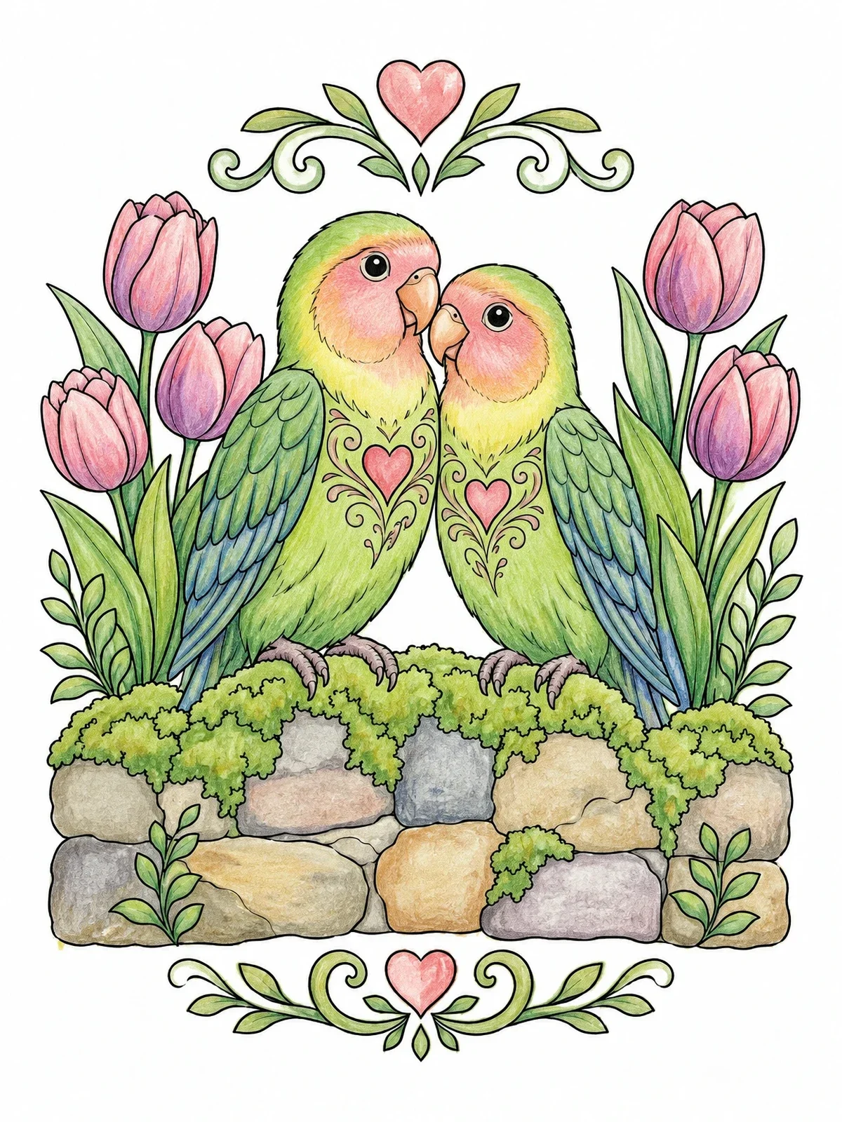 Colored example of the Lovebirds Perched On Garden Wall coloring page
