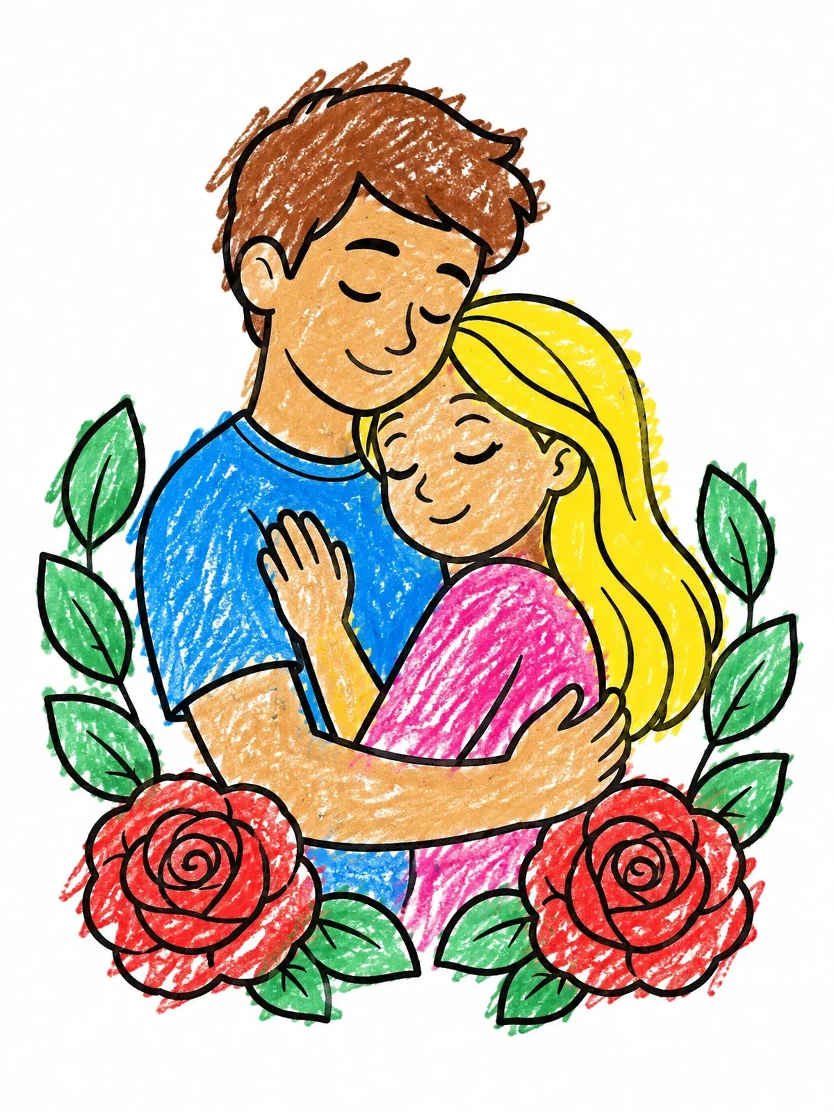 Colored example of the Loving Couple Embracing With Blooming Roses coloring page