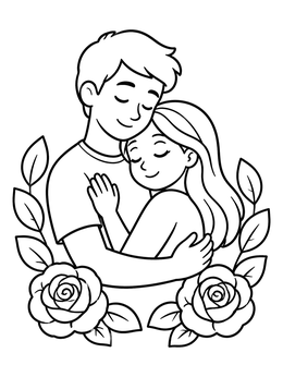 Free printable Loving Couple Embracing With Blooming Roses coloring page
