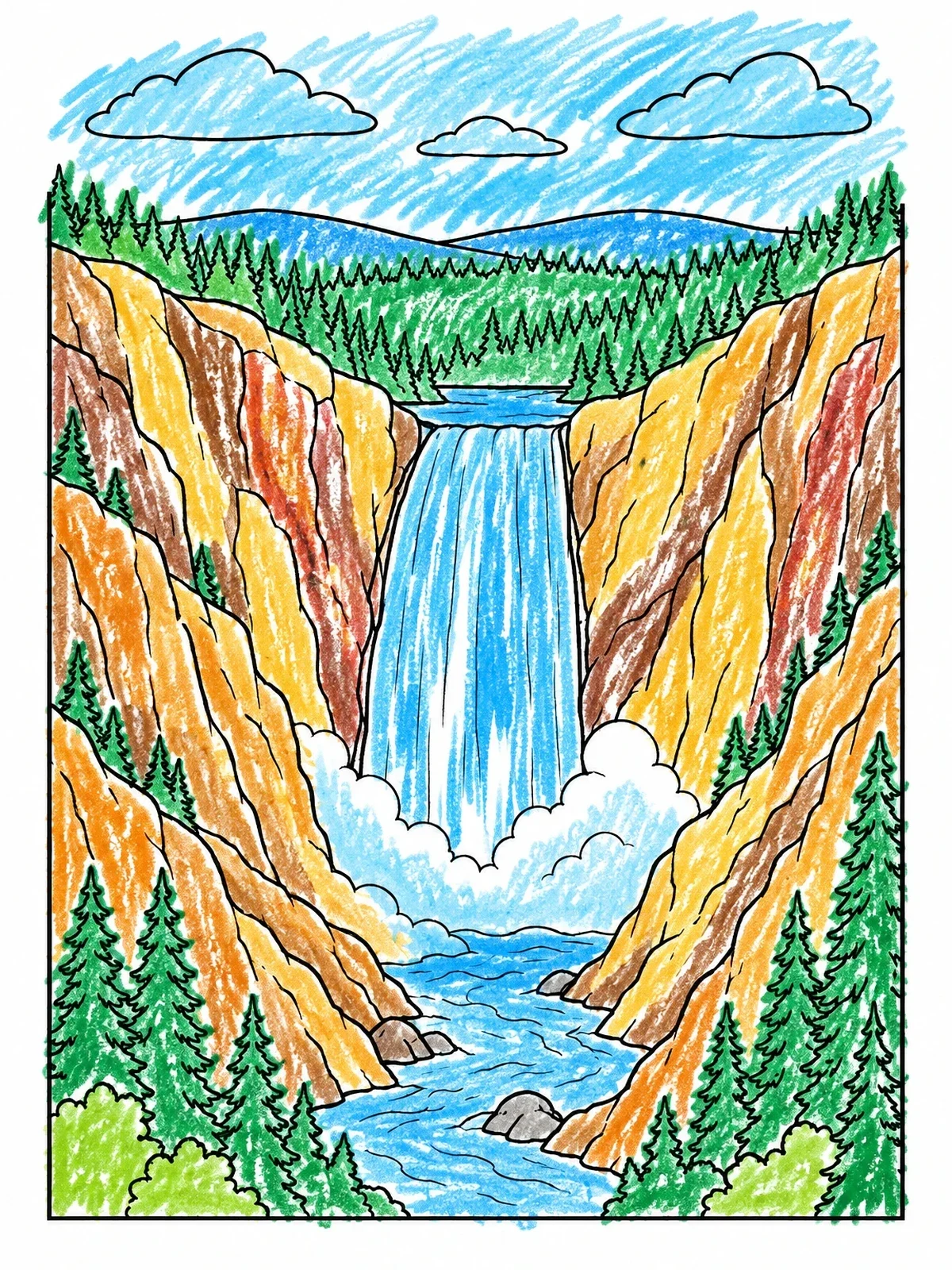 Colored example of the Lower Falls Of The Yellowstone Canyon coloring page