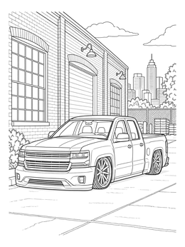 A lowered pickup truck coloring page parked outside an urban brick warehouse.