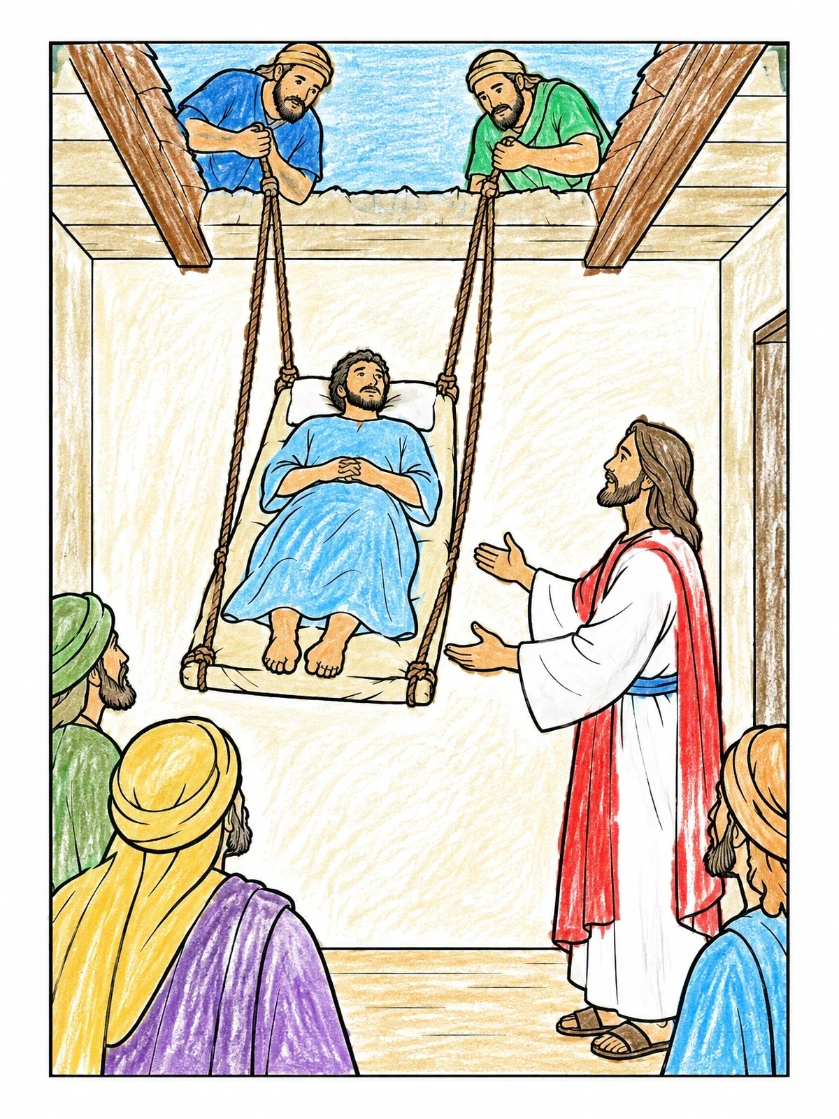 Colored example of the Lowering The Paralyzed Man To Jesus coloring page