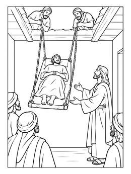 Free printable Lowering The Paralyzed Man To Jesus coloring page