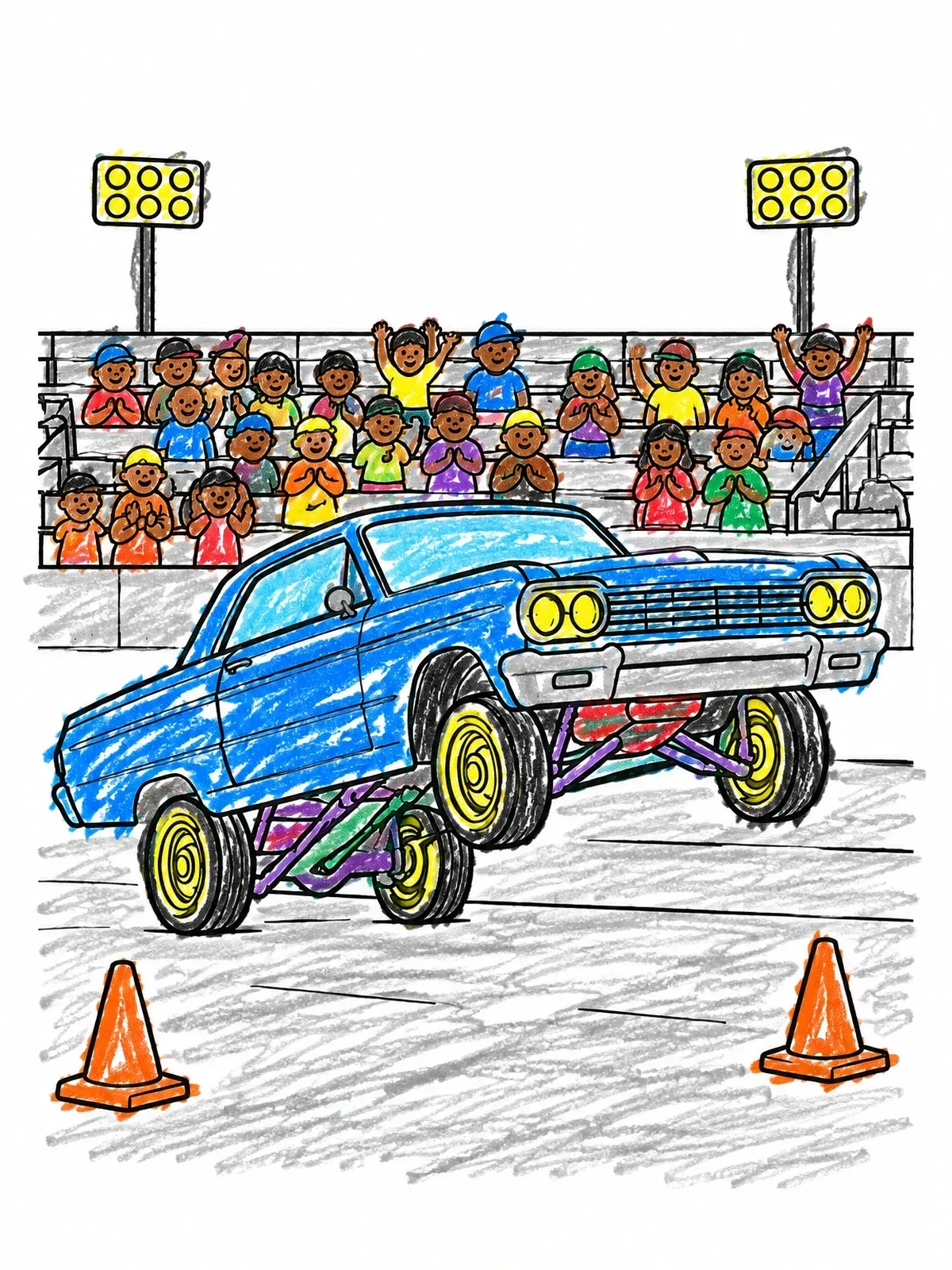 Colored example of the Lowrider Car Hopping Competition coloring page
