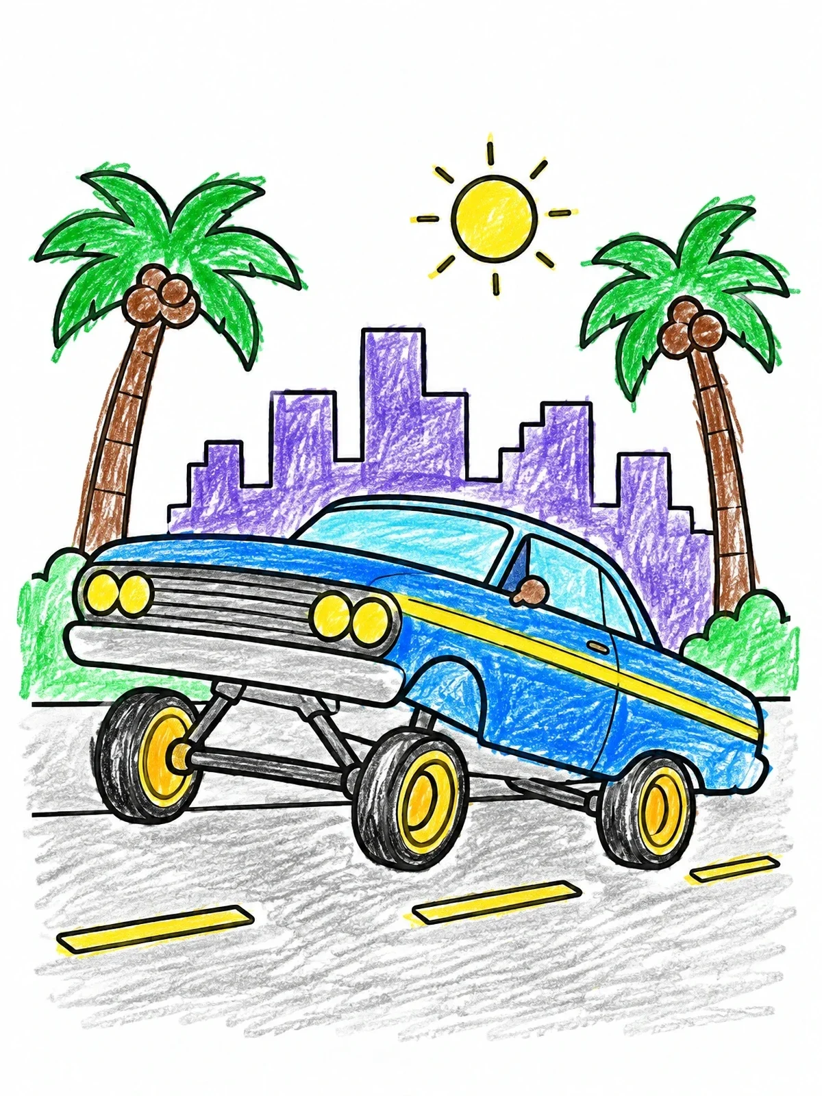 Colored example of the Lowrider Cruising Under Palm Trees coloring page