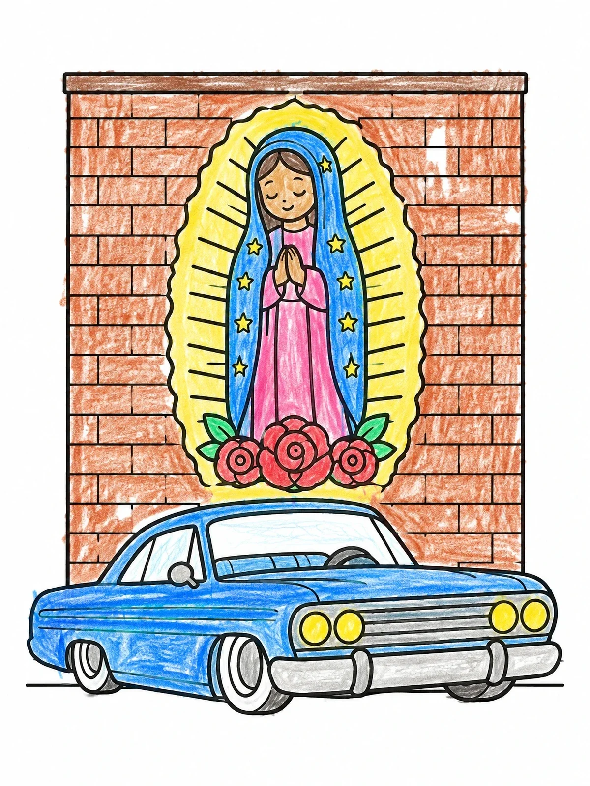 Colored example of the Lowrider Parked By Mary Mural coloring page