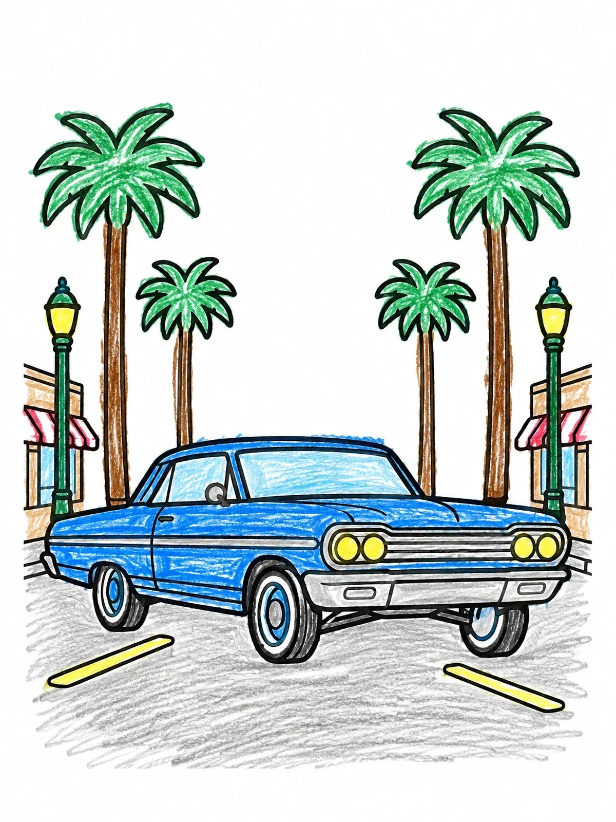 Colored example of the Lowrider Cruising Down Palm Boulevard coloring page