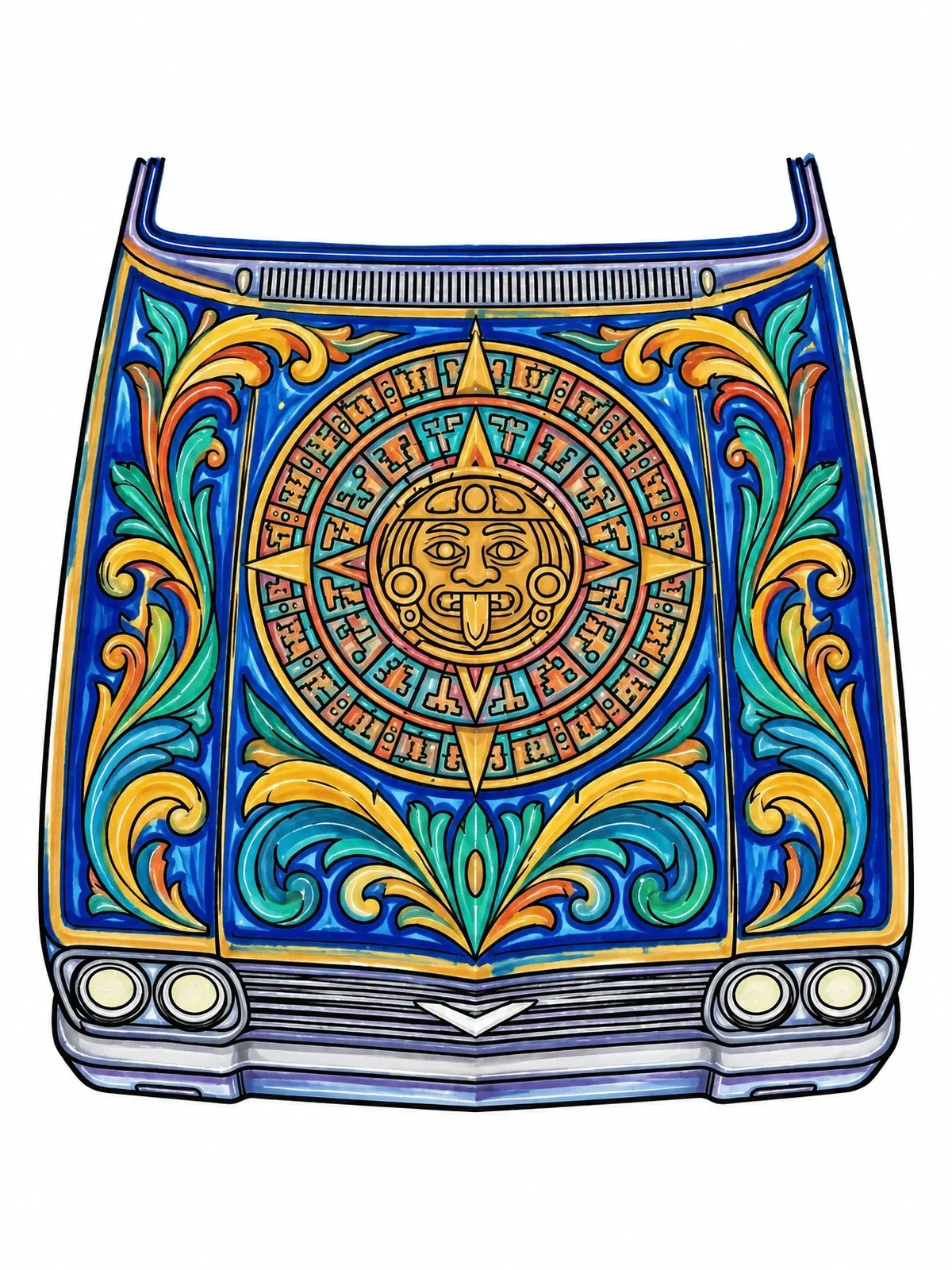 Colored example of the Lowrider Hood Aztec Art coloring page