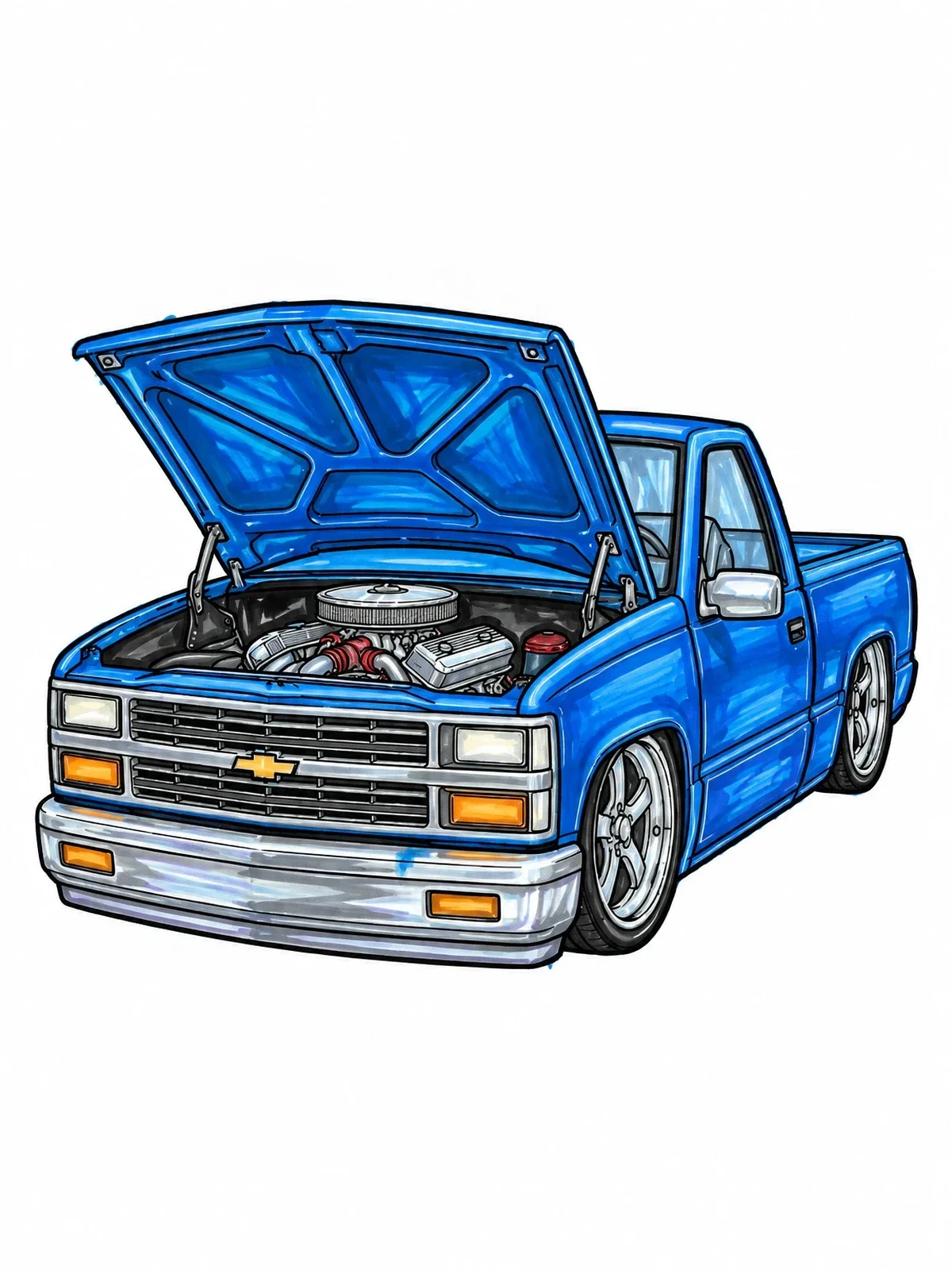 Colored example of the Lowered Pickup With Open Hood coloring page