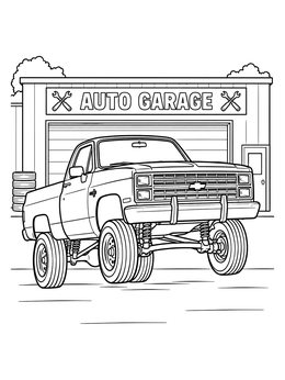 Free printable Square Body Pickup Outside Garage coloring page