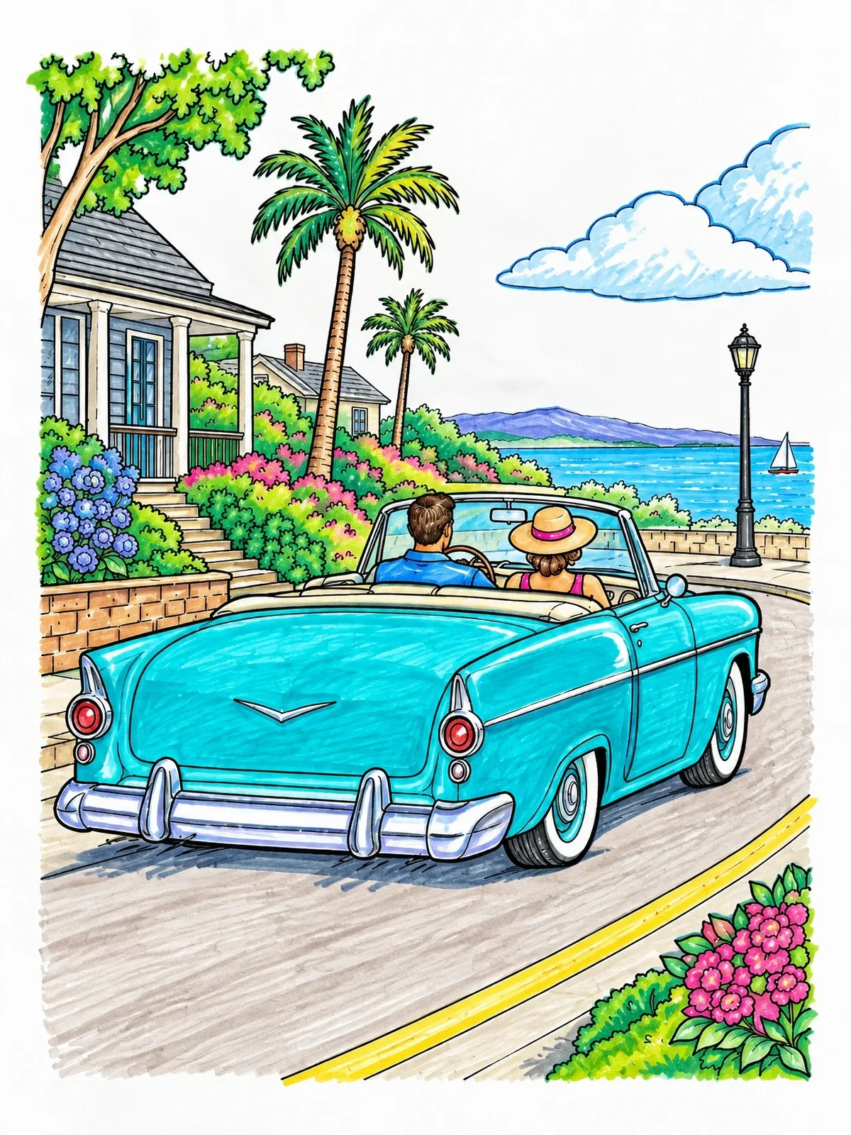 Colored example of the Vintage Convertible Coastal Drive coloring page